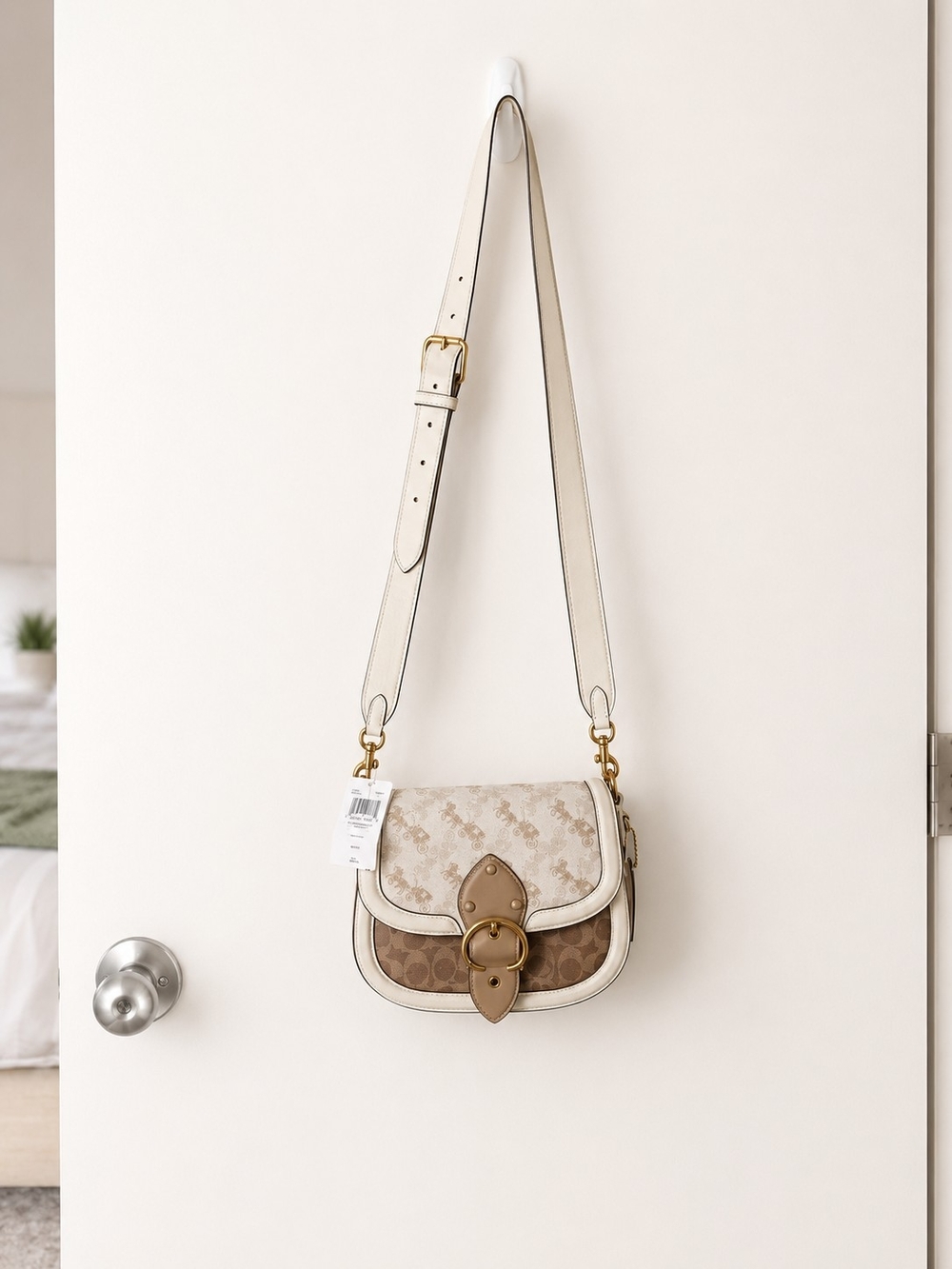 Coach Two-Tone Signature Saddle Crossbody in Beige and Brown